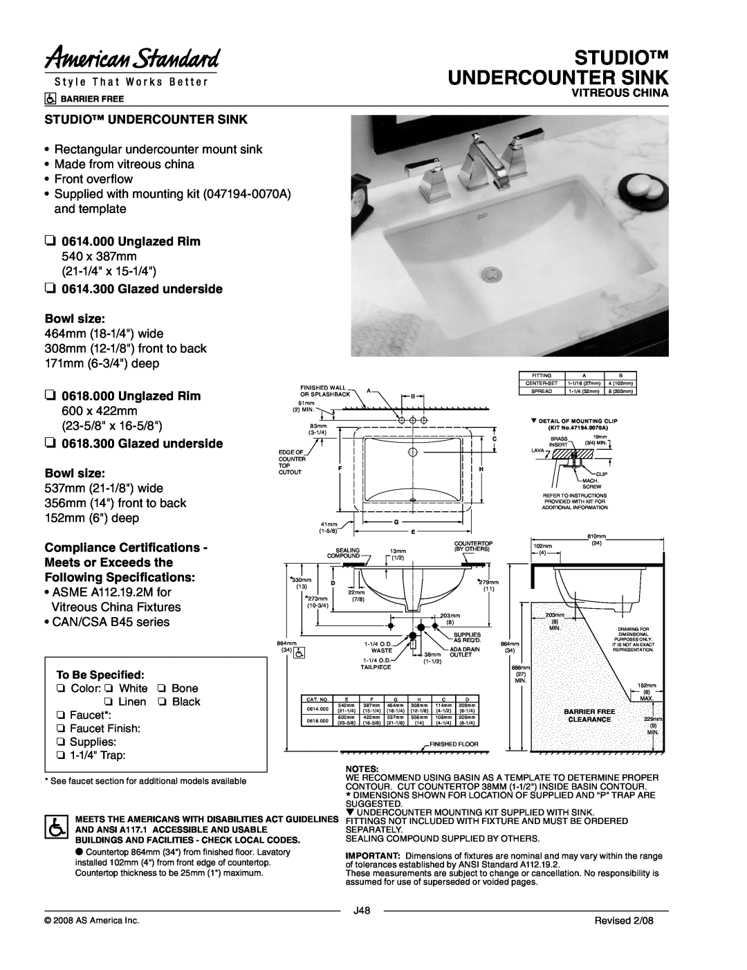 American Standard 0618.000, 0614.000 dimensions Studio Undercounter Sink, Unglazed Rim, Glazed underside Bowl size 