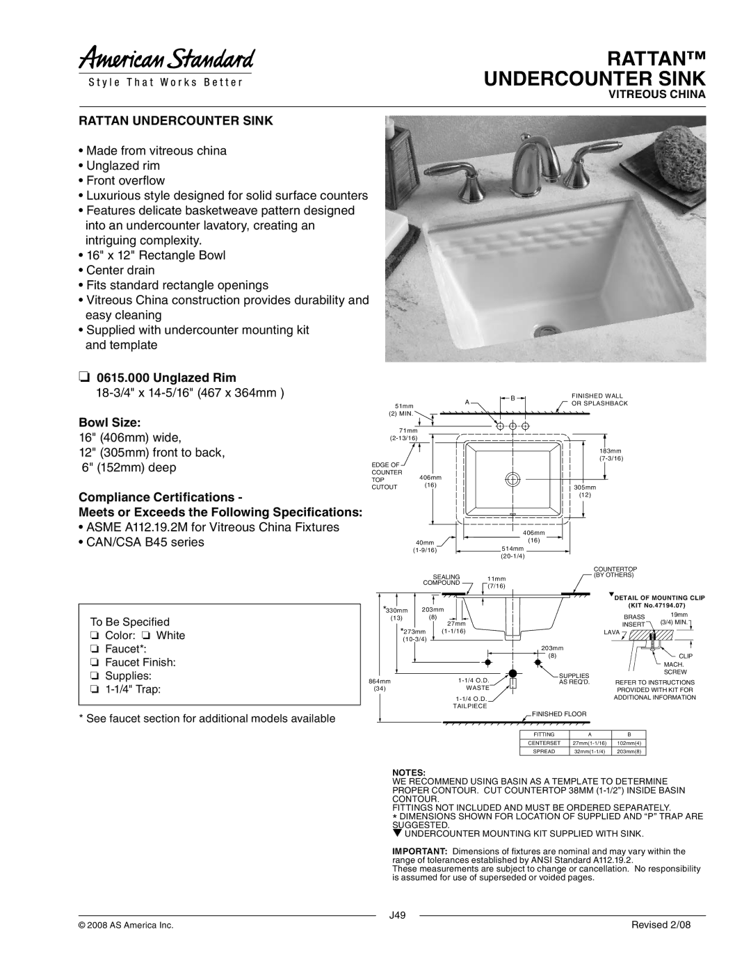 American Standard 0615.000 dimensions Rattan Undercounter Sink, Unglazed Rim, Bowl Size 