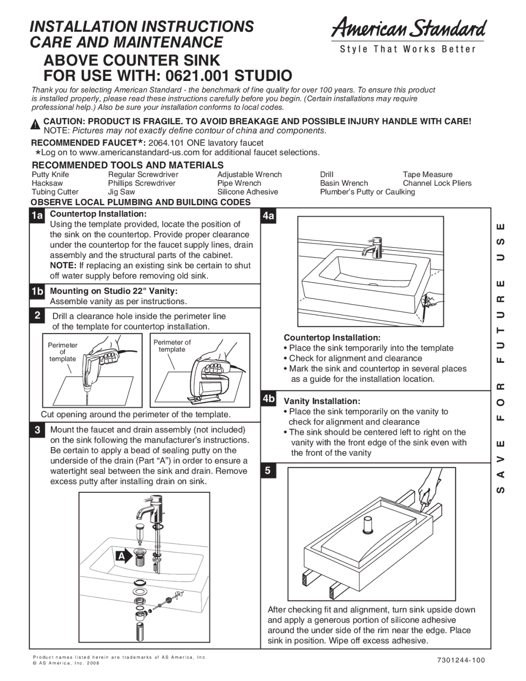 American Standard 0621.001 STUDIO installation instructions R E U S E, F U, V E F 