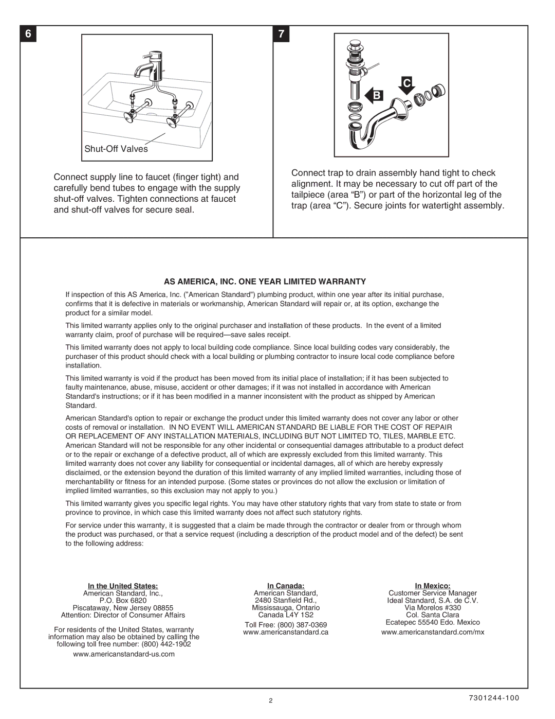 American Standard 0621.001 STUDIO installation instructions AS AMERICA, INC. ONE Year Limited Warranty 