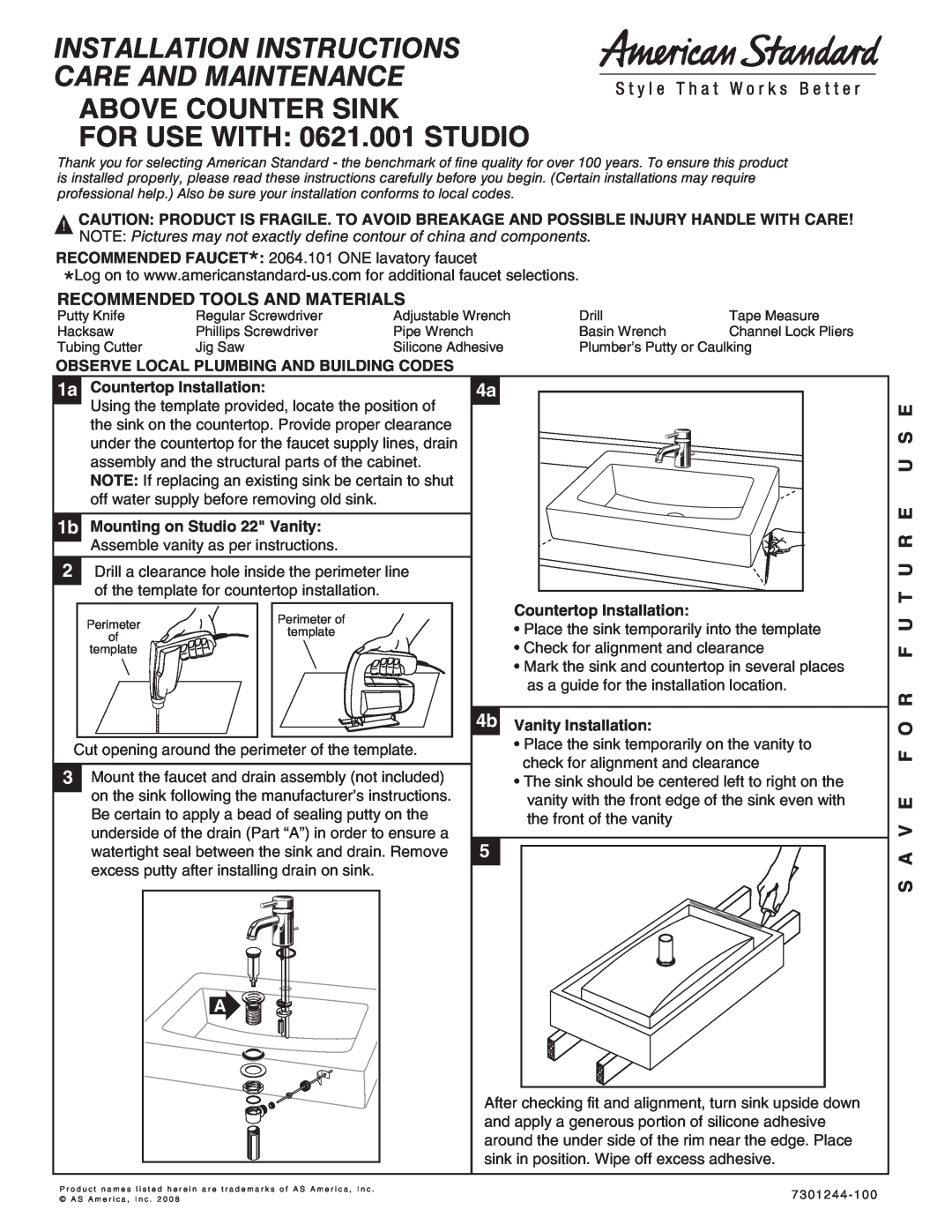 American Standard 0621.001 STUDIO installation instructions Installation Instructions Care And Maintenance, T U R E U S E 
