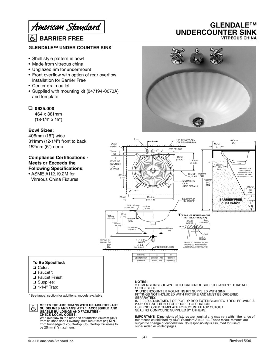 American Standard 0625.000 dimensions Undercounter Sink, Barrier Free, Glendale Under Counter Sink 