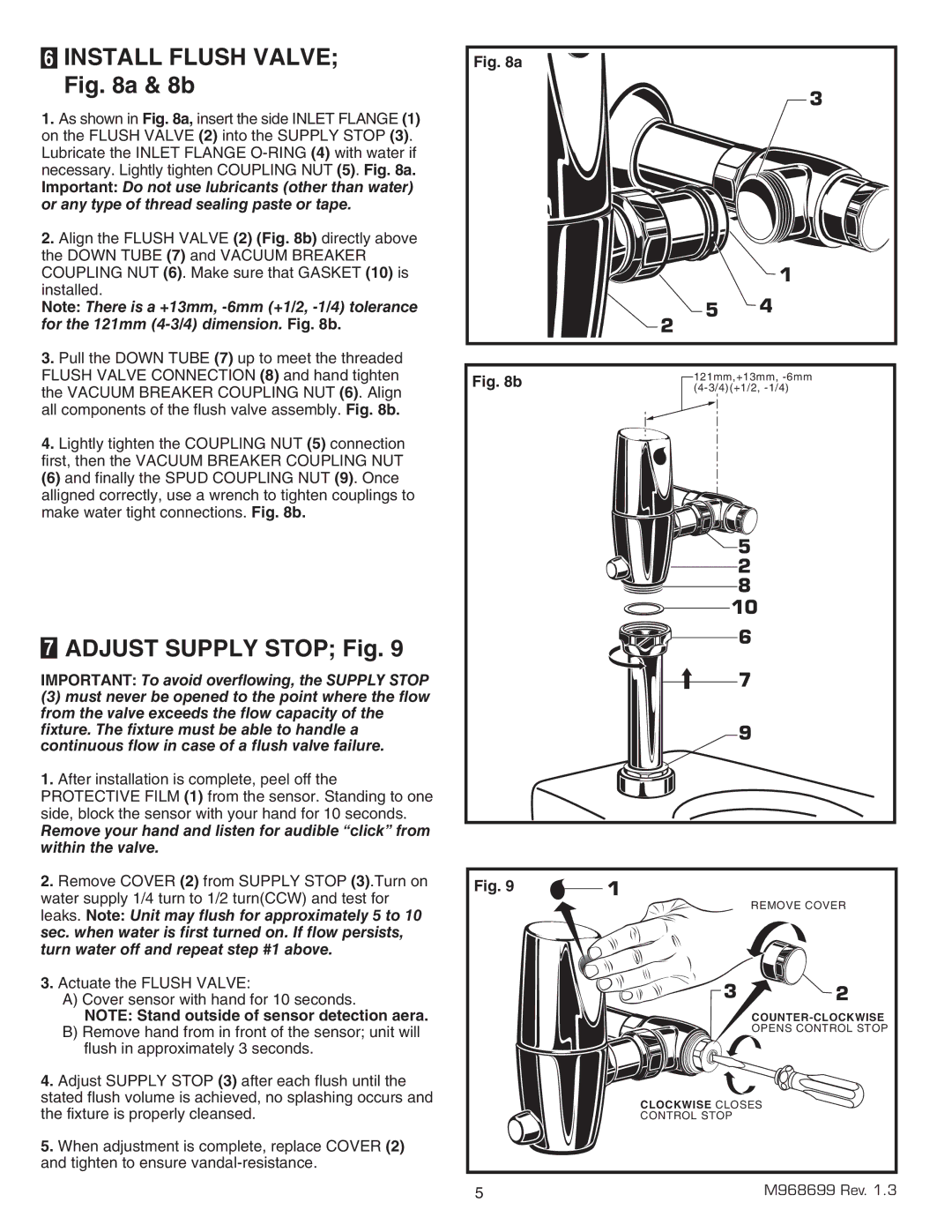 American Standard 065.525, 6065.161, 6065.565, 6065.121, 6065.122, 6065.162 Install Flush Valve a & 8b, Adjust Supply Stop Fig 