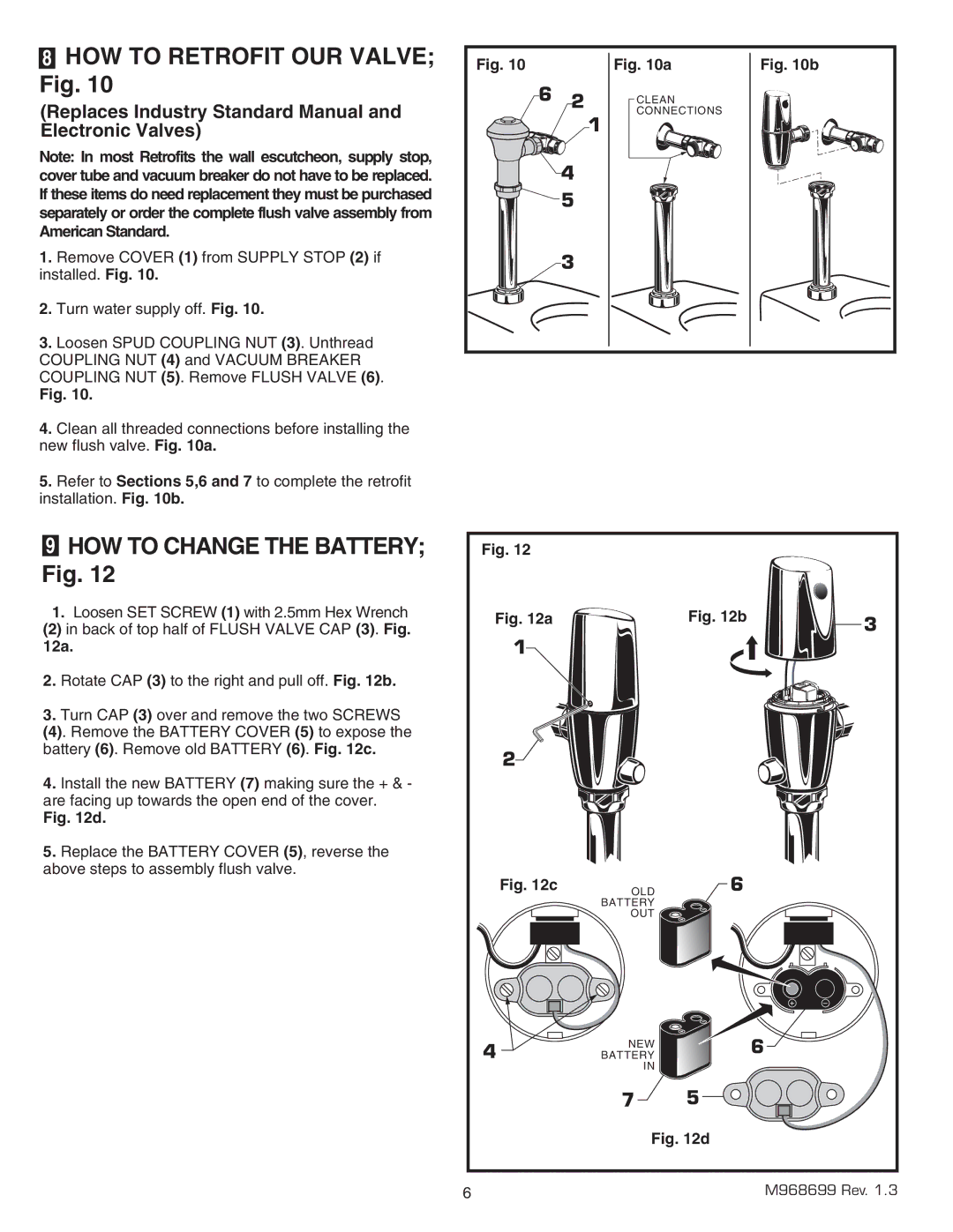 American Standard 6065.161, 065.525, 6065.565, 6065.121 HOW to Retrofit OUR Valve Fig, HOW to Change the Battery Fig 