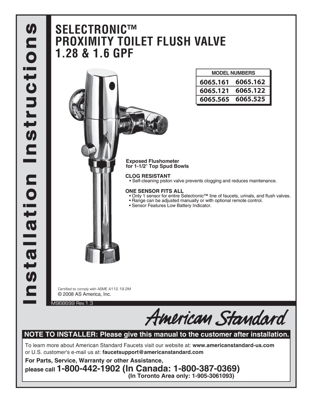 American Standard 6065.565 installation instructions For Parts, Service, Warranty or other Assistance, InTorontoArea onlly 