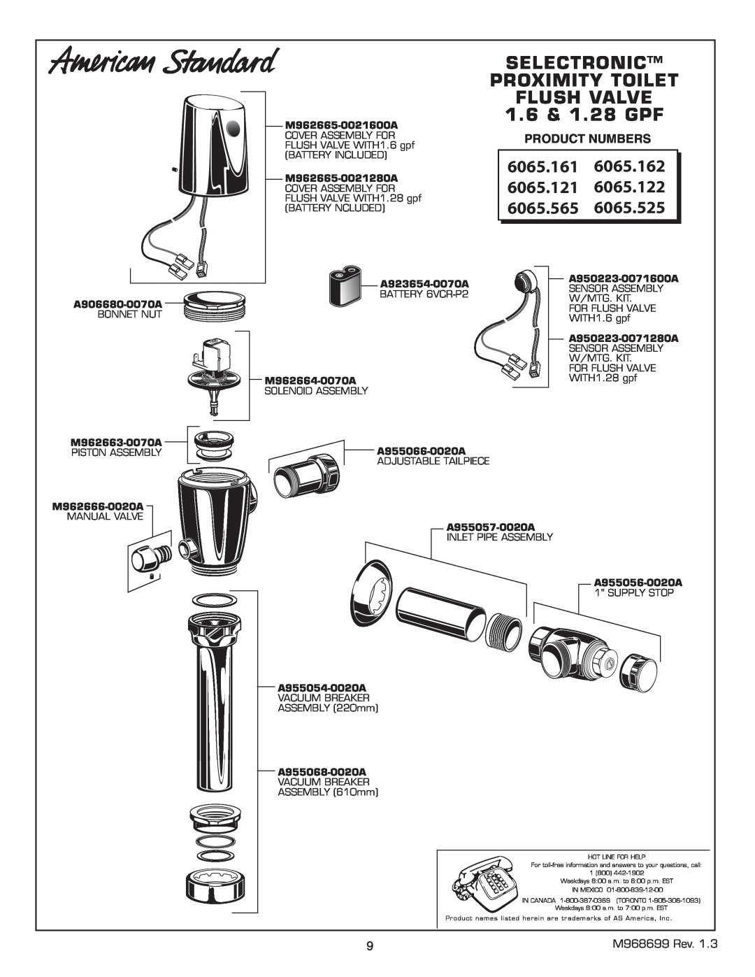 American Standard 6065.122, 065.525 Selectronic Proximity Toilet Flush Valve, 1.6 & 1.28 GPF, 6065.161, Product Numbers 