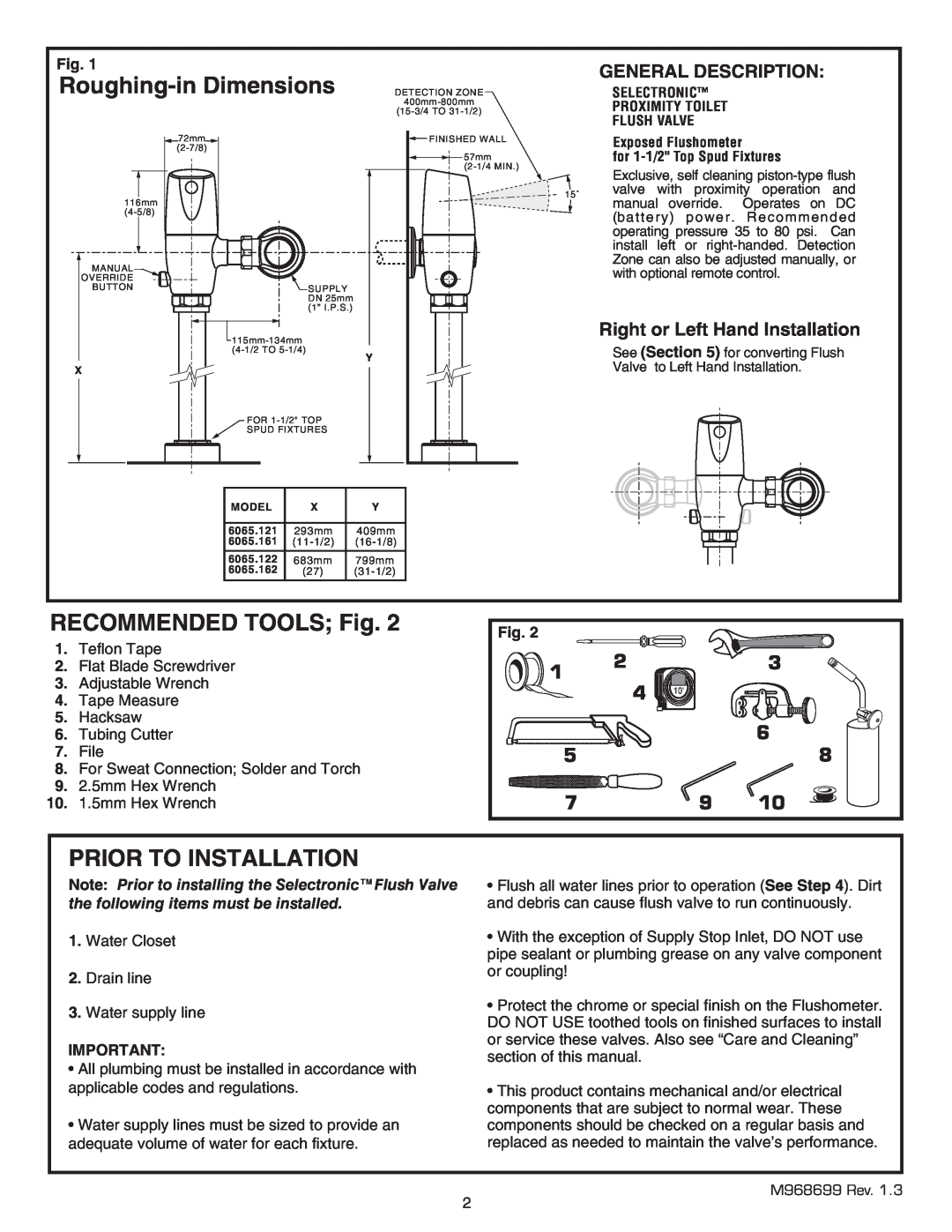American Standard 6065.121 Roughing-inDimensions, RECOMMENDED TOOLS Fig, Prior To Installation, General Description 