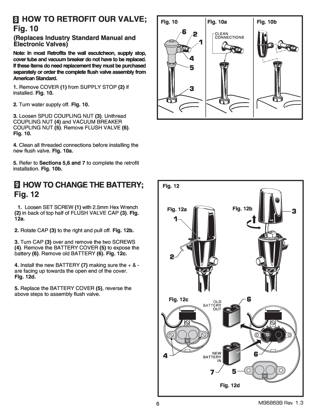 American Standard 6065.161, 065.525, 6065.565, 6065.121 8HOW TO RETROFIT OUR VALVE; Fig, 9HOW TO CHANGE THE BATTERY Fig 