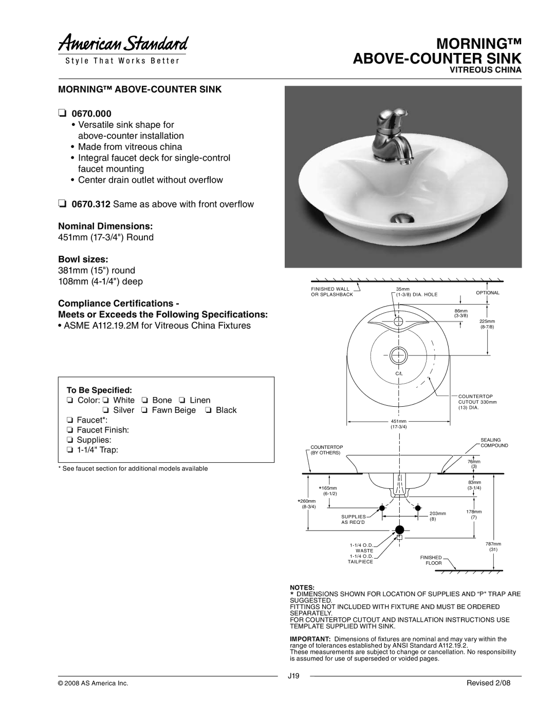 American Standard 0670.312 dimensions Morning ABOVE-COUNTER Sink, 0670.000, Nominal Dimensions, Bowl sizes 