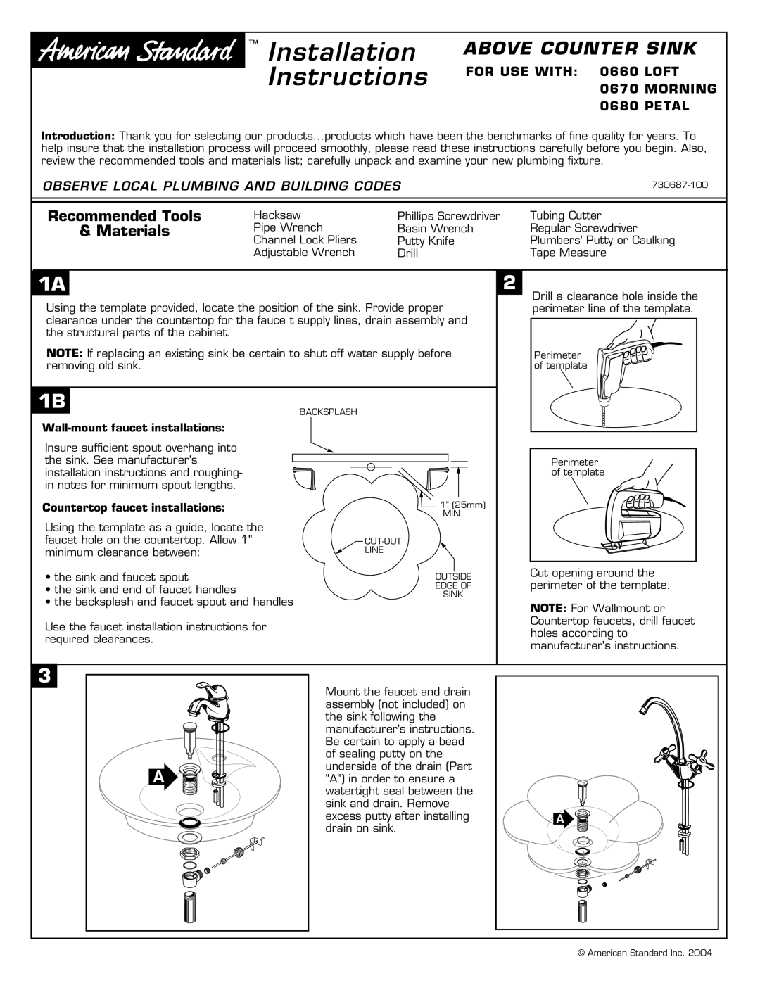 American Standard 0670 MORNING installation instructions Installation, Instructions, Recommended Tools Materials 