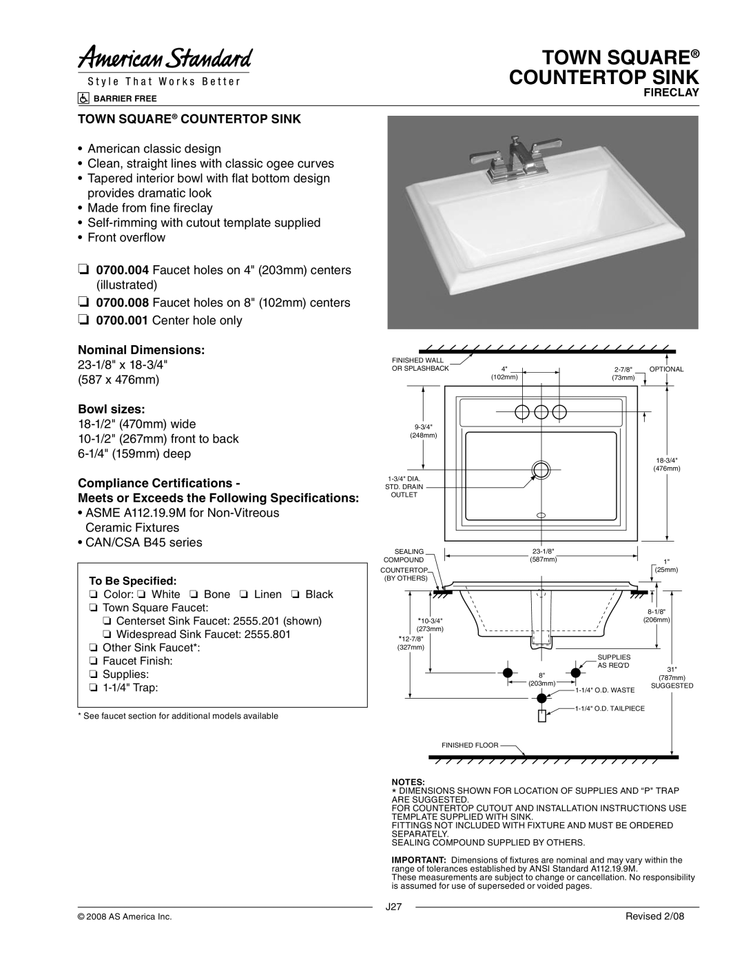 American Standard 0700.008, 0700.001, 0700.004 dimensions Town Square Countertop Sink, To Be Specified 