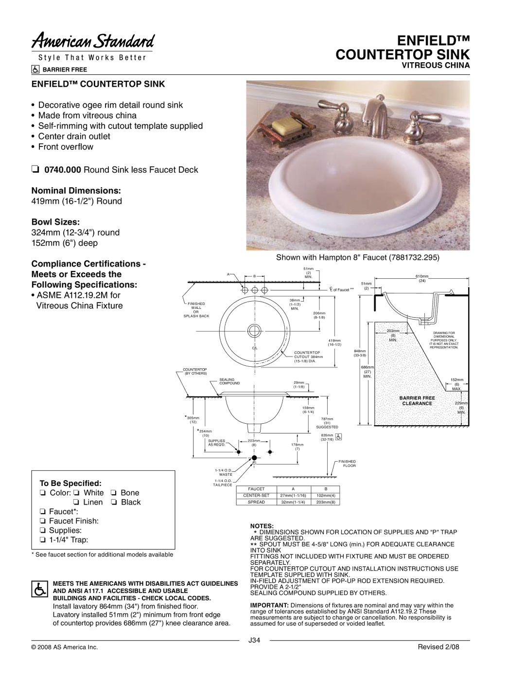 American Standard 0740.000 dimensions Enfield Countertop Sink 