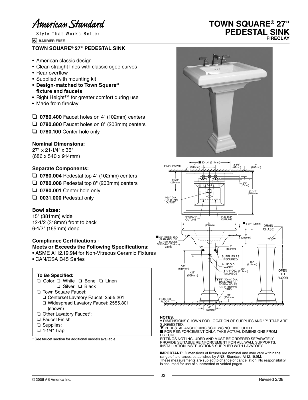 American Standard 0780.400, 0780.100, 0780.800 dimensions Town Square Pedestal Sink, Town Square 27 Pedestal Sink 