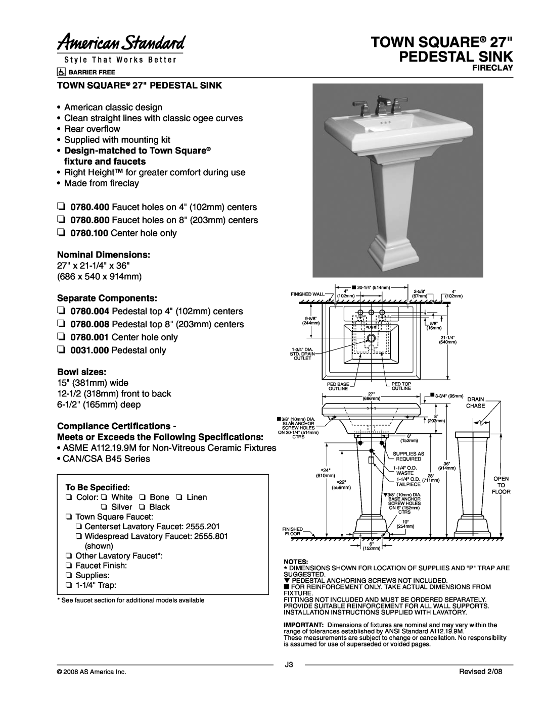 American Standard 0780.400 dimensions Town Square Pedestal Sink, TOWN SQUARE 27 PEDESTAL SINK, Separate Components 