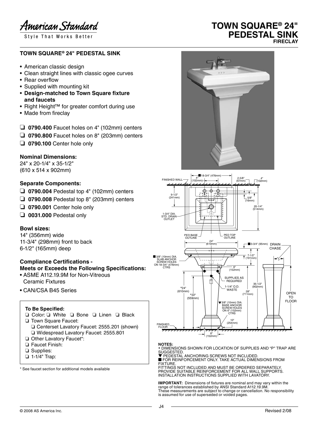 American Standard 0790.400 dimensions Town Square Pedestal Sink, Town Square 24 Pedestal Sink, Bowl sizes, To Be Specified 