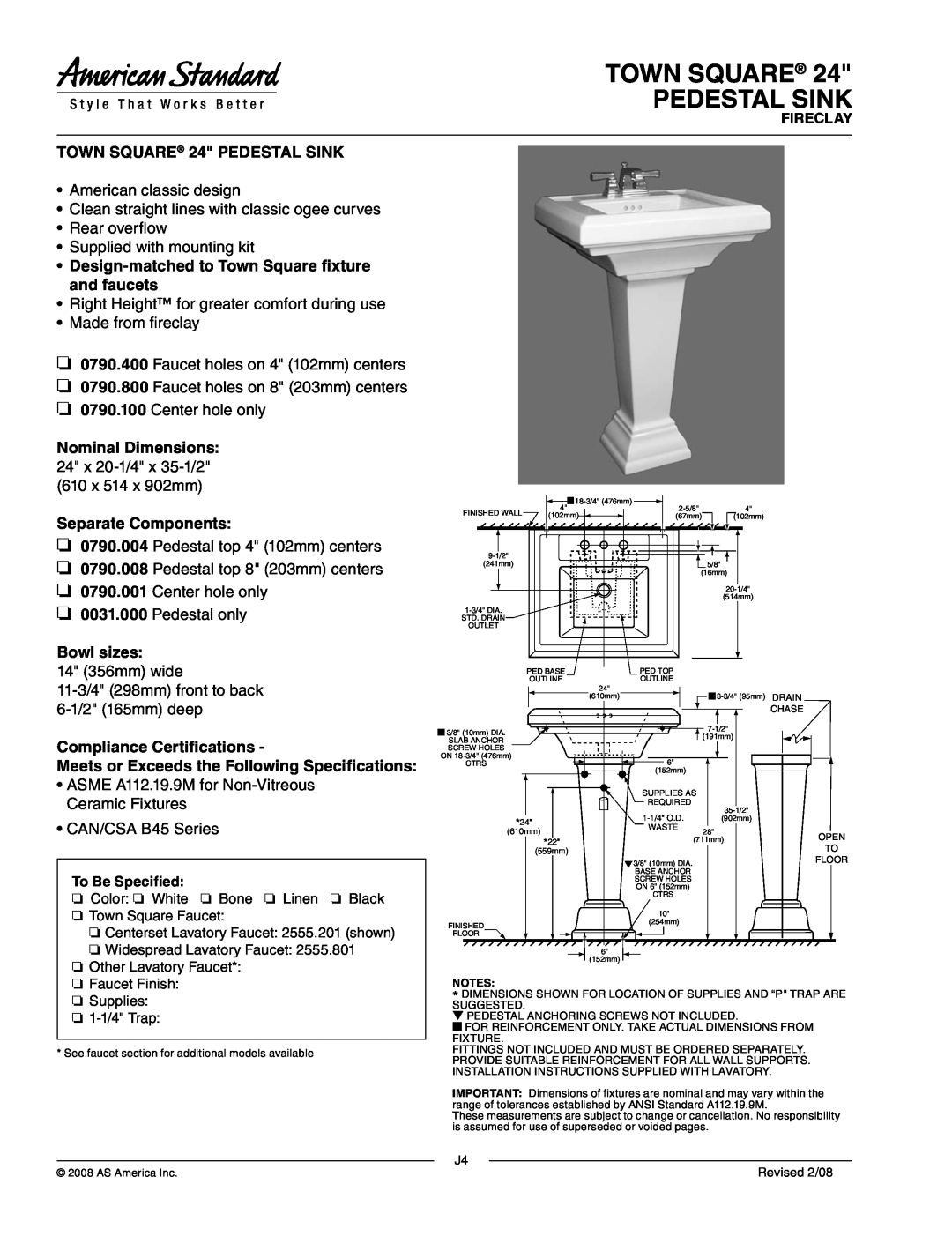 American Standard 0790.400 dimensions Town Square Pedestal Sink, TOWN SQUARE 24 PEDESTAL SINK, Separate Components 