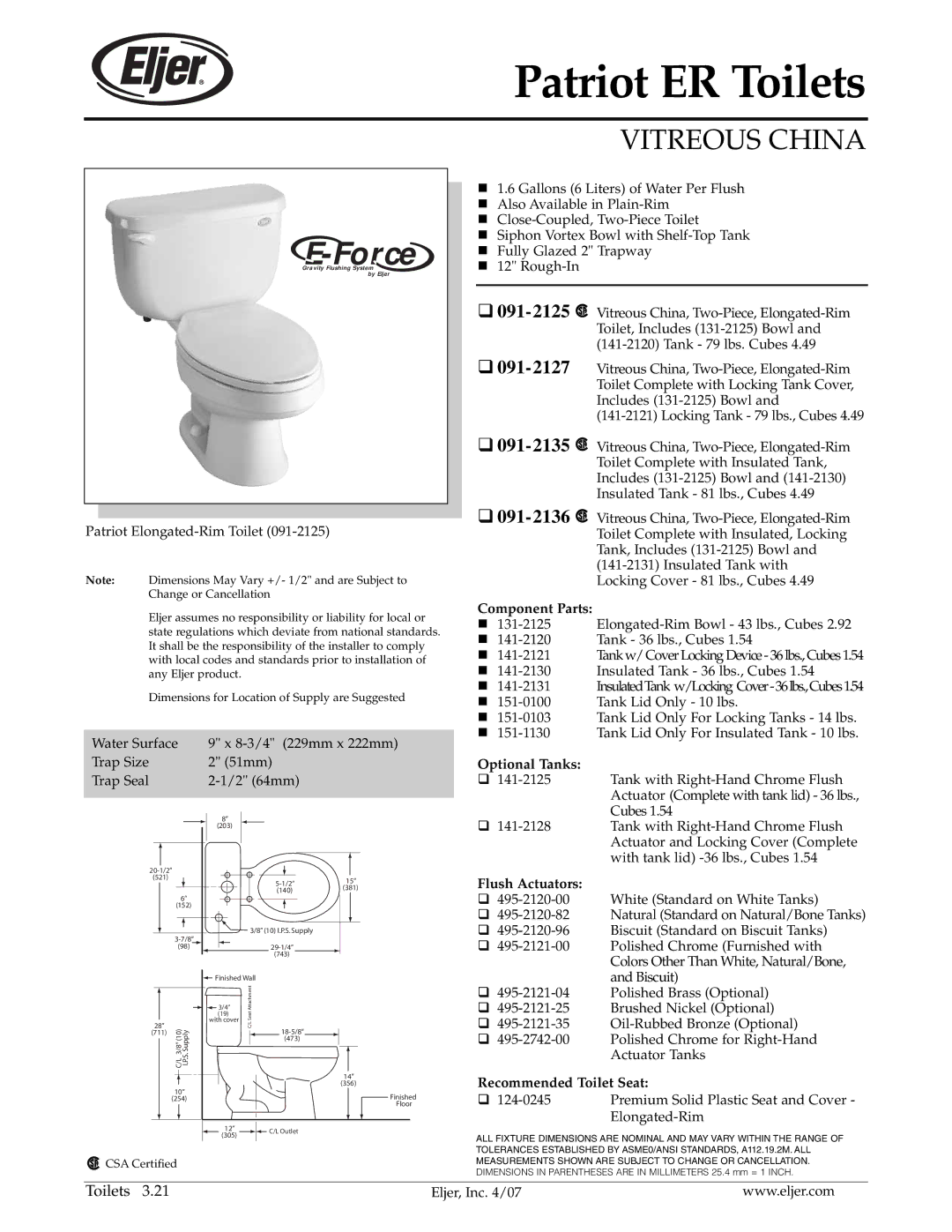 American Standard 091-2136 dimensions 091-2125, 091-2127, 091-2135 