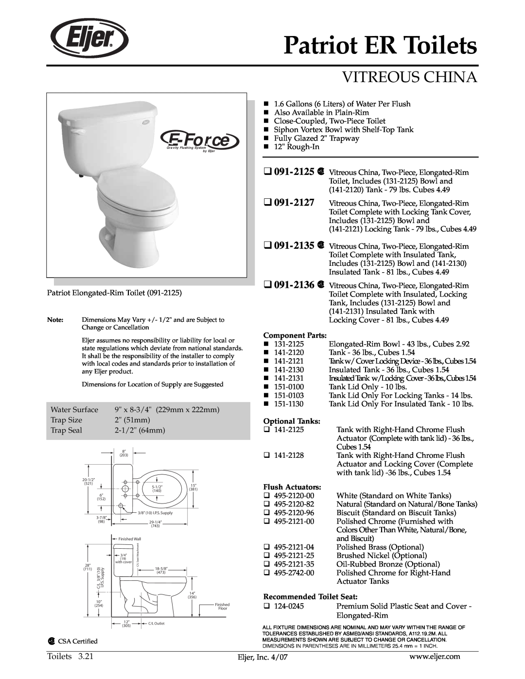 American Standard 091-2136 dimensions Patriot ER Toilets, E-Force, Vitreous China, 091-2125, 091-2127, 091-2135, Trap Size 
