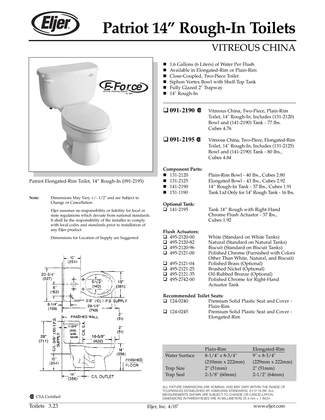 American Standard 091-2195 dimensions Patriot 14 Rough-In Toilets, Force, Vitreous China, 091-2190 