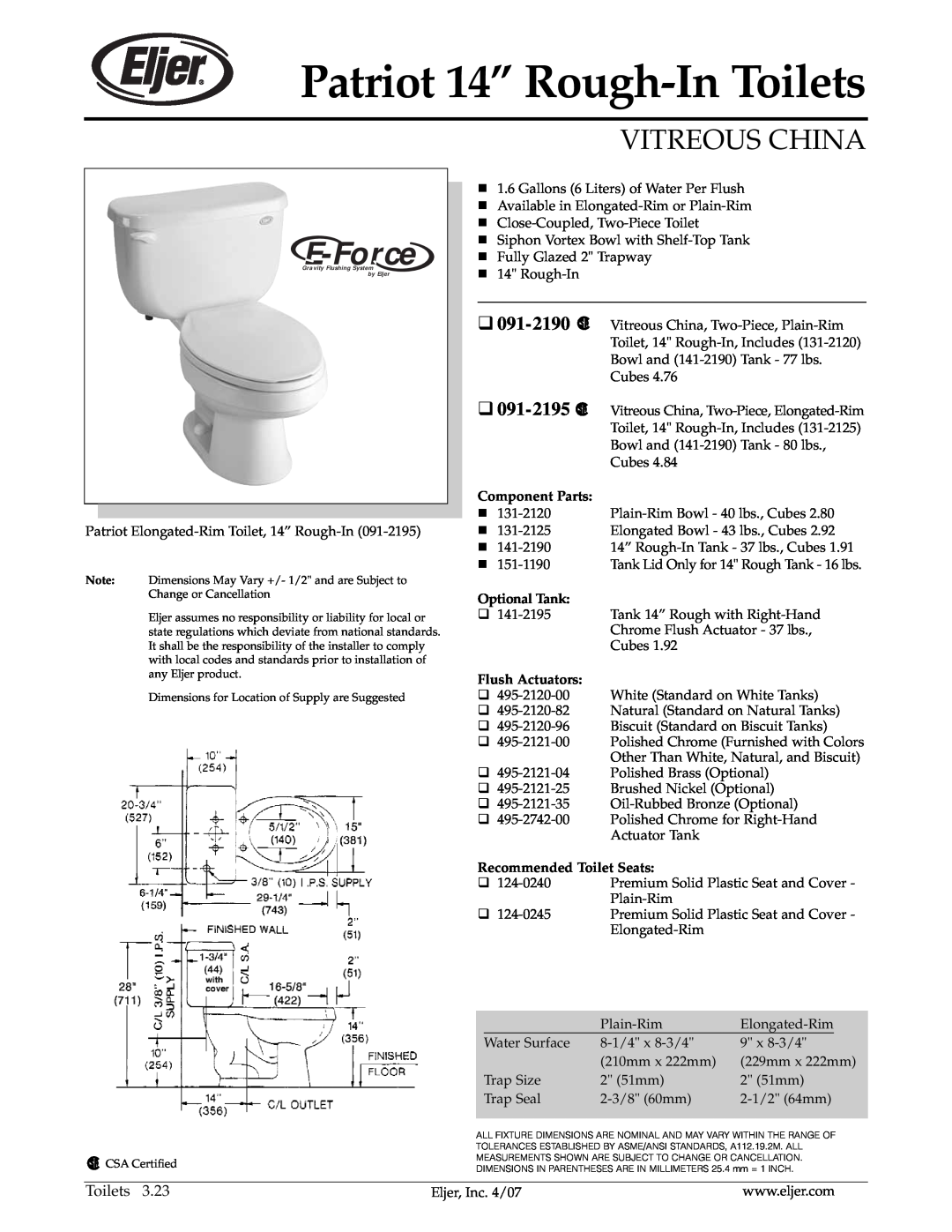American Standard 091-2195 dimensions Patriot 14” Rough-InToilets, E-Force, Vitreous China, 091-2190, Component Parts 