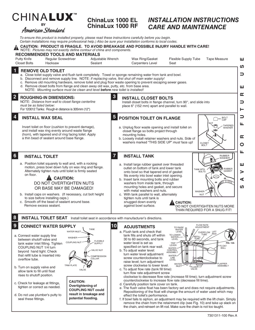 American Standard 1000 RF installation instructions Recommended Tools and Materials, Remove OLD Toilet, Adjustments 