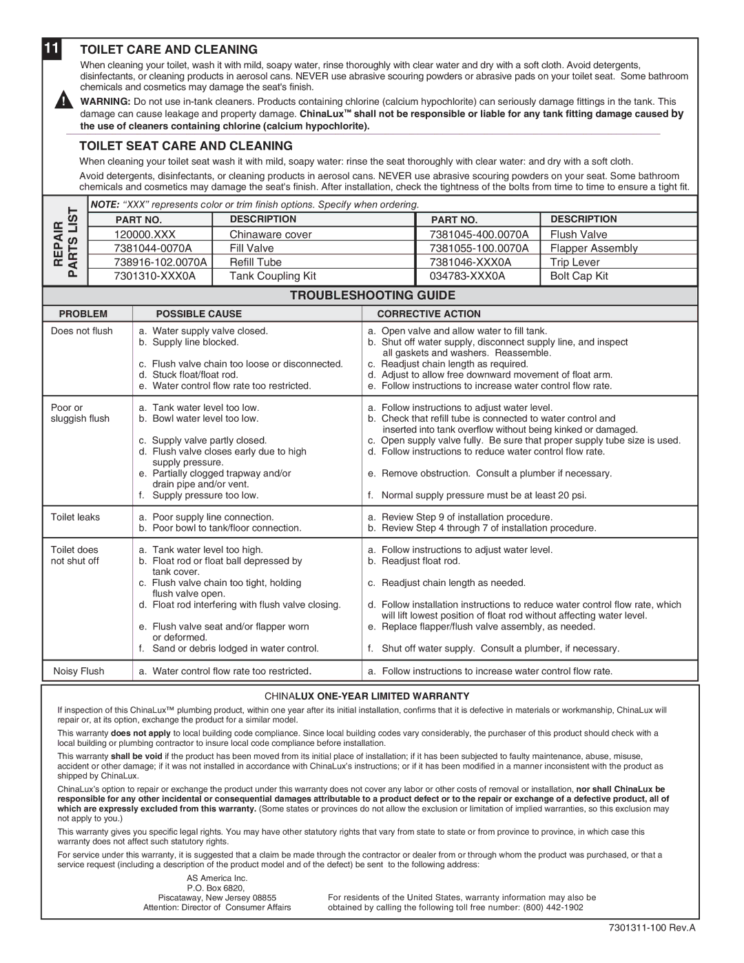 American Standard 1000 RF Toilet Care and Cleaning, Toilet Seat Care and Cleaning, Troubleshooting Guide 