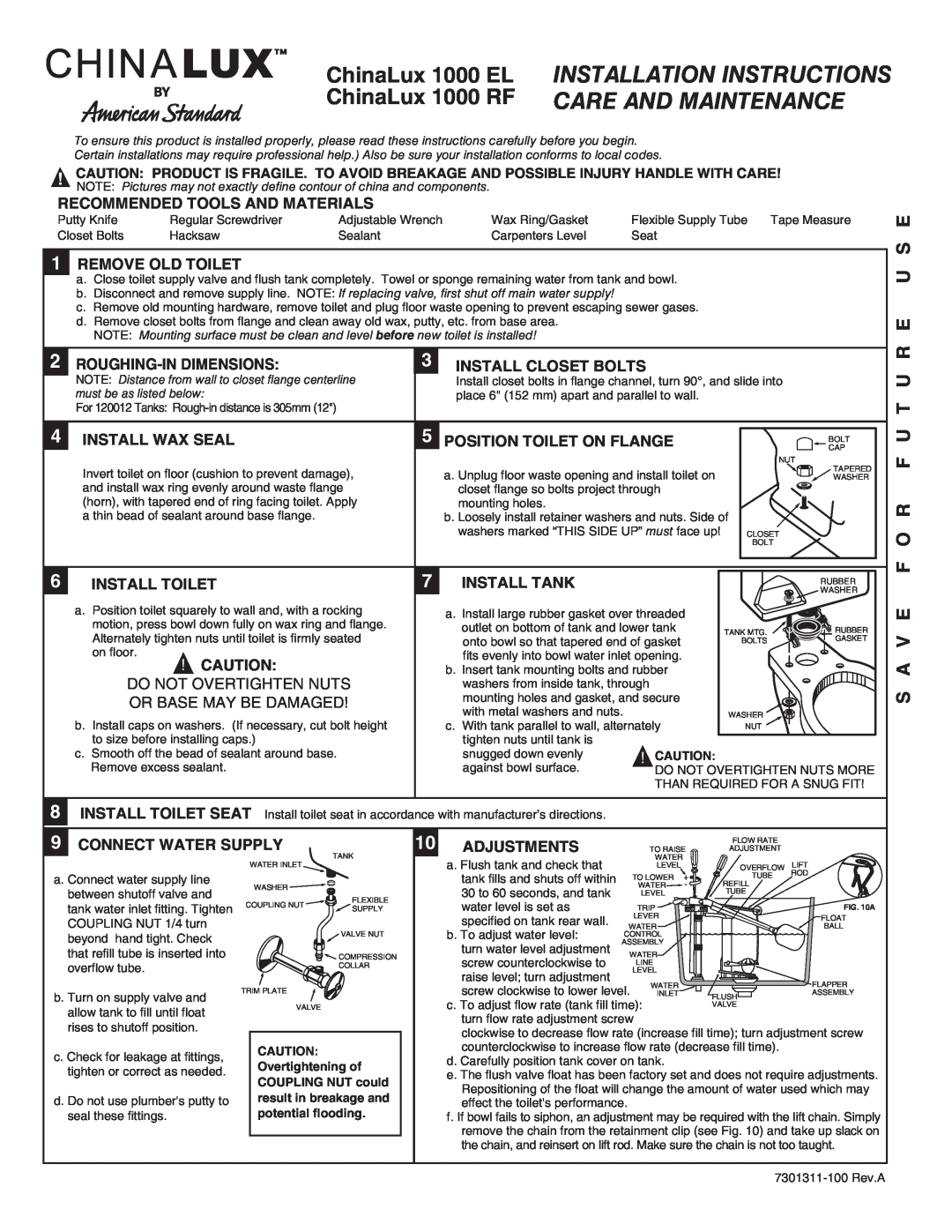 American Standard 1000 RF installation instructions S A V E F O R F U T U R E U S E, Do Not Overtighten Nuts 