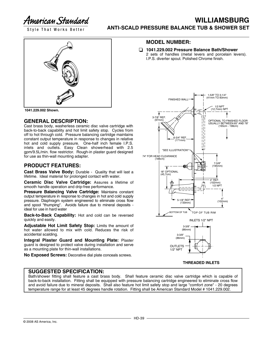 American Standard 1041.229.002 manual ANTI-SCALD Pressure Balance TUB & Shower SET, Model Number, General Description 