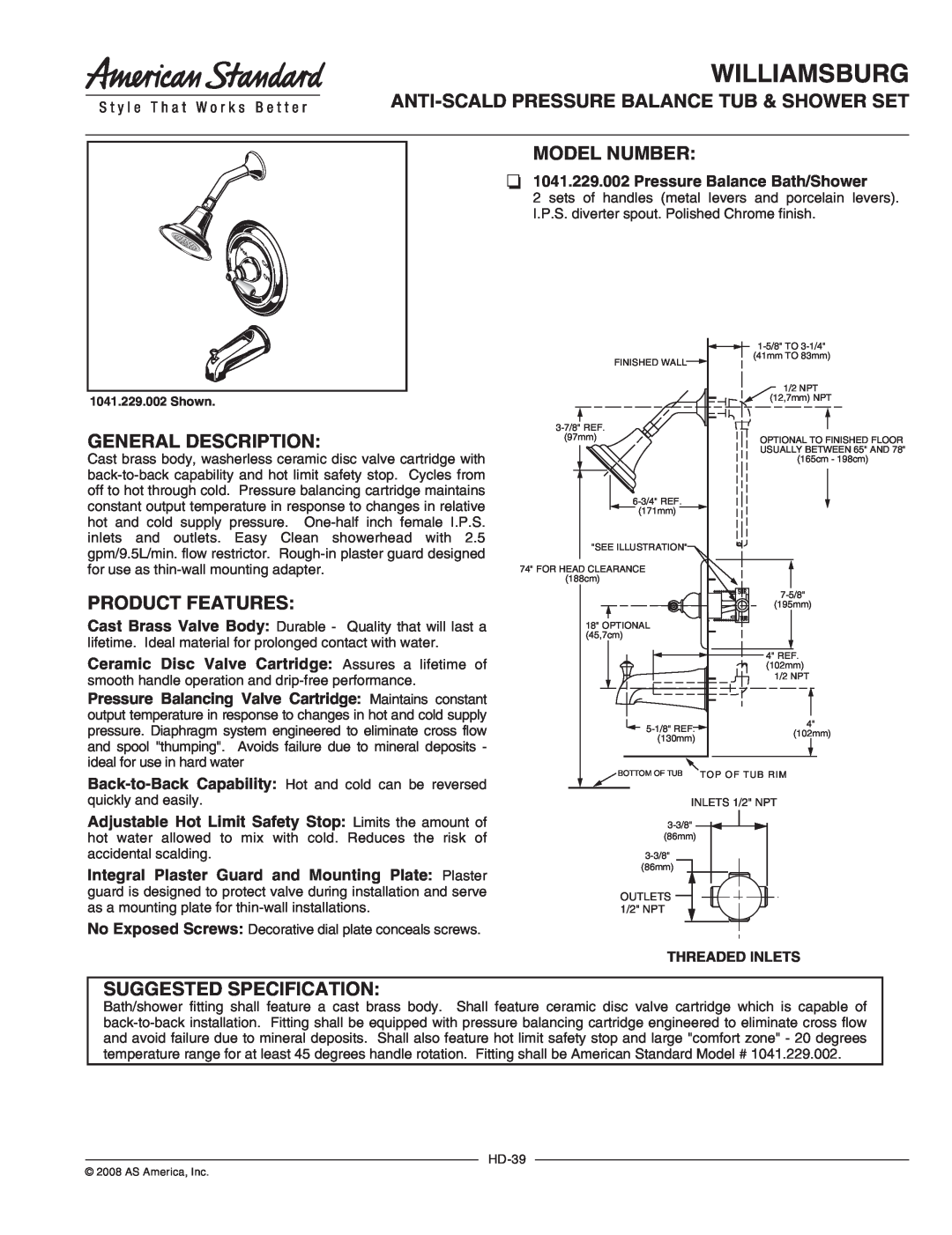 American Standard 1041.229.002 manual Williamsburg, Anti-Scald Pressure Balance Tub & Shower Set, Model Number 