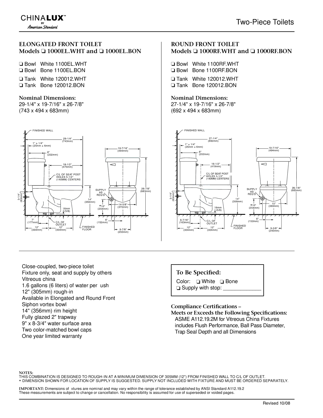 American Standard 1100EL.BON Two-Piece Toilets, Elongated Front Toilet Models 1000EL.WHT and 1000EL.BON, To Be Specified 