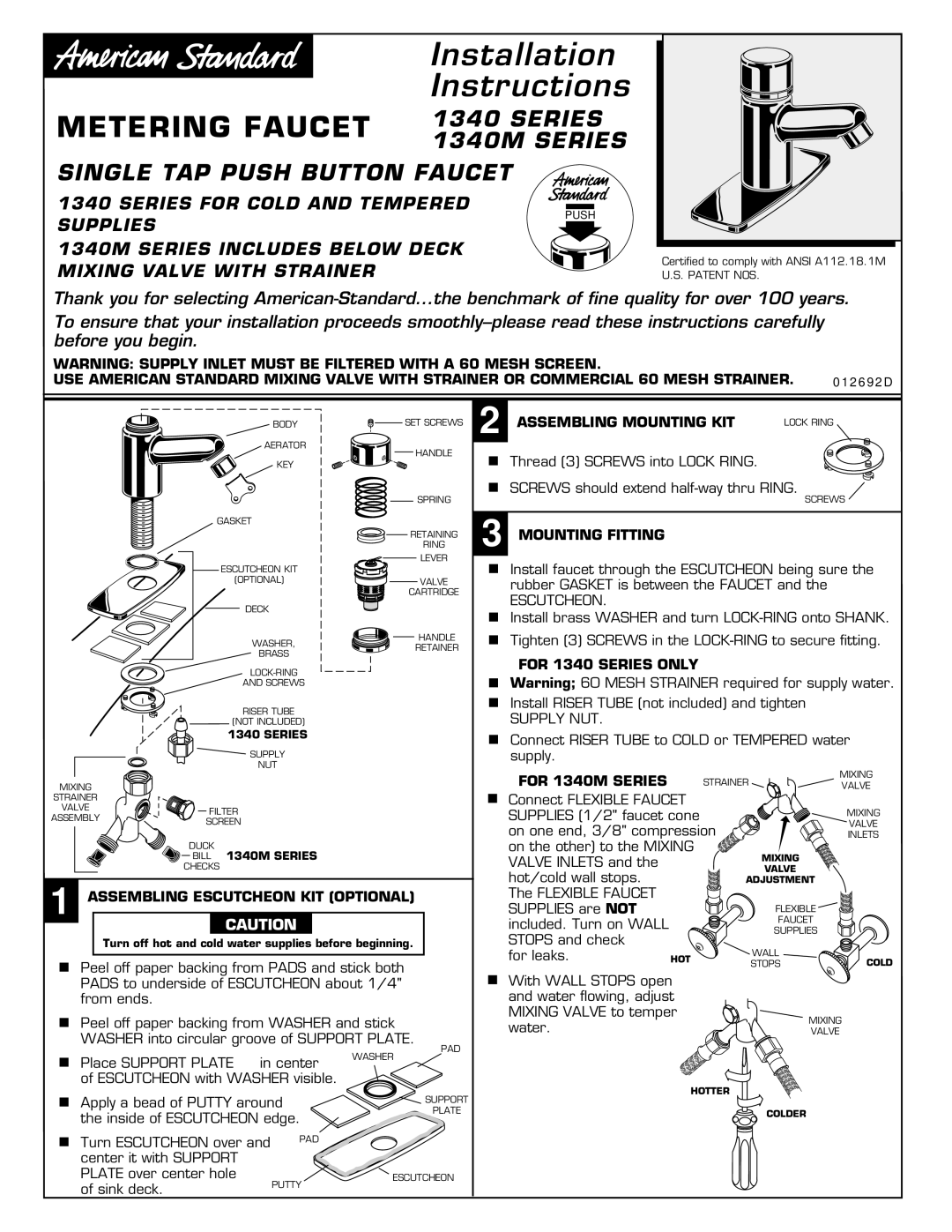 American Standard 1340M Series installation instructions Assembling Mounting KIT, Mounting Fitting, For 1340 Series only 