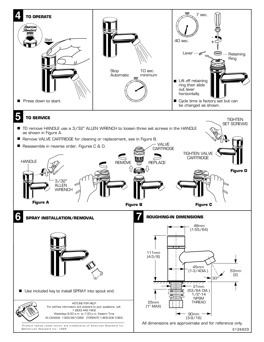 American Standard 1340 Series, 1340M Series To Operate, To Service, Spray INSTALLATION/REMOVAL, ROUGHING-IN Dimensions 