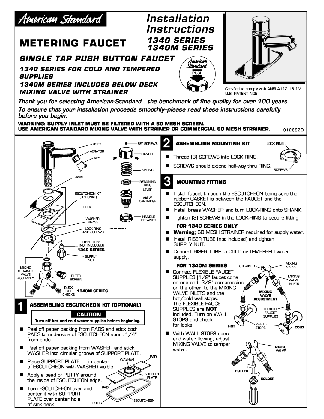 American Standard 1340M Series installation instructions Installation Instructions, Metering Faucet, SERIES 1340M SERIES 