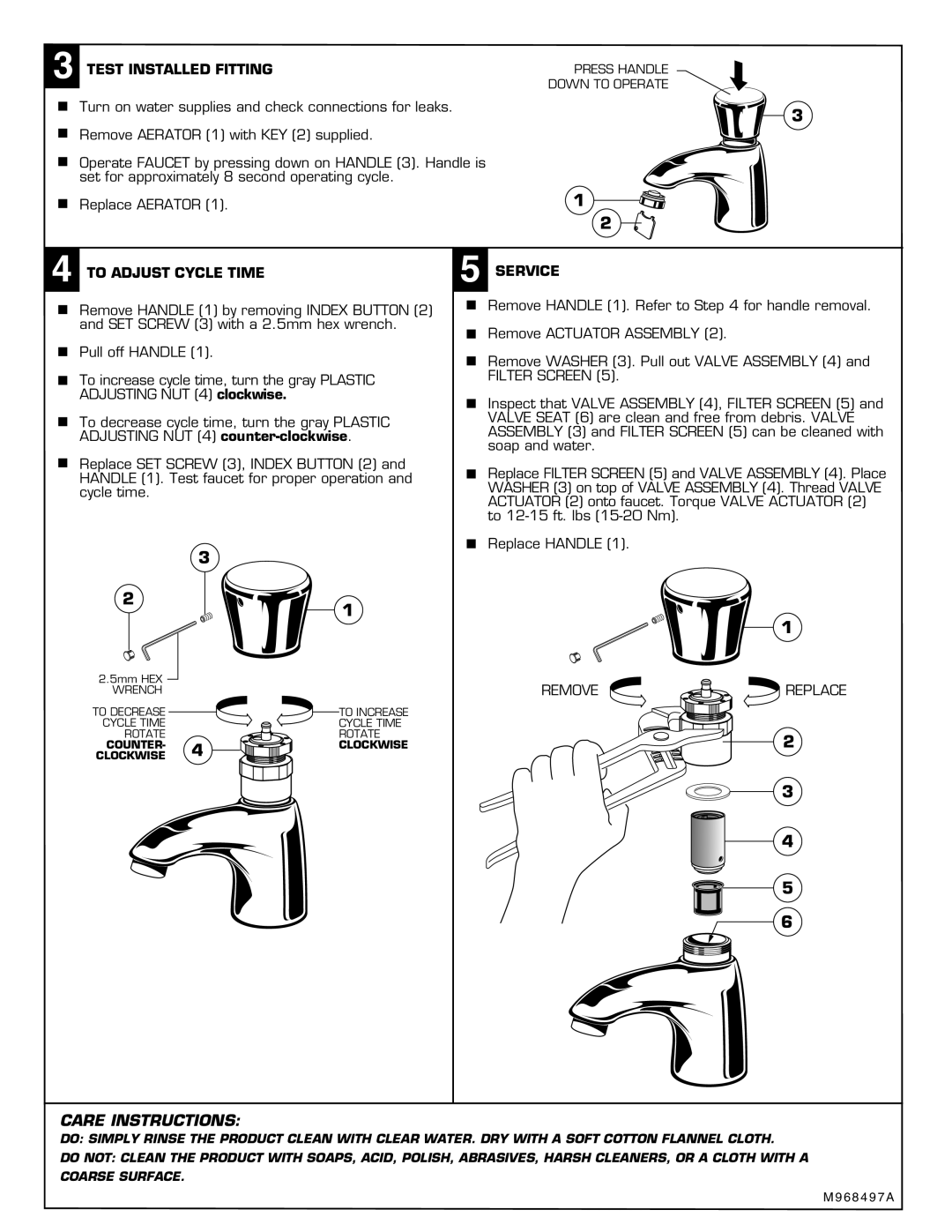 American Standard 1340.105 installation instructions Test Installed Fitting, To Adjust Cycle Time Service 