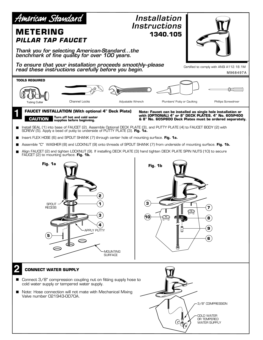 American Standard 1340.105 installation instructions Installation, Metering, Instructions, Pillar Tap Faucet 