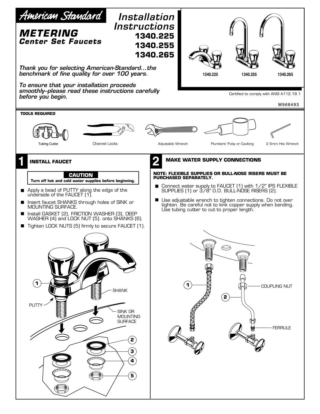 American Standard 1340.255 installation instructions Center Set Faucets, Install Faucet, Make Water Supply Connections 