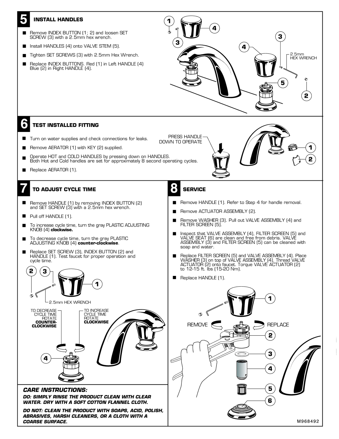 American Standard 1340.855, 1340.865, 1340.825 installation instructions Care Instructions 