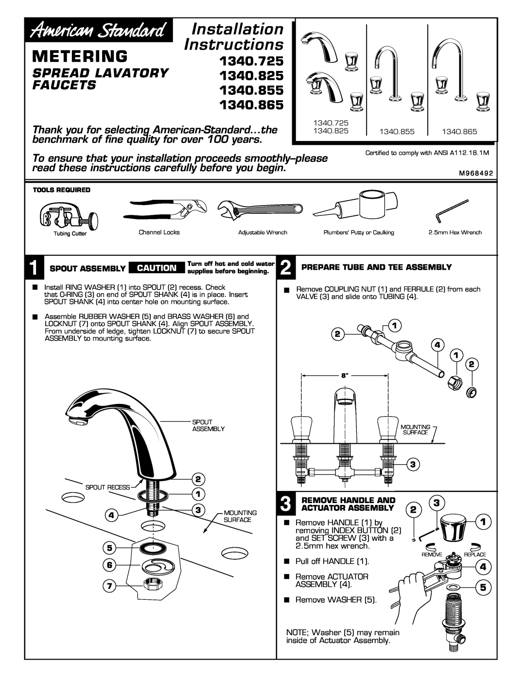 American Standard 1340.865, 1340.825 installation instructions Spread Lavatory, FAUCETS1340.855, Installation Instructions 