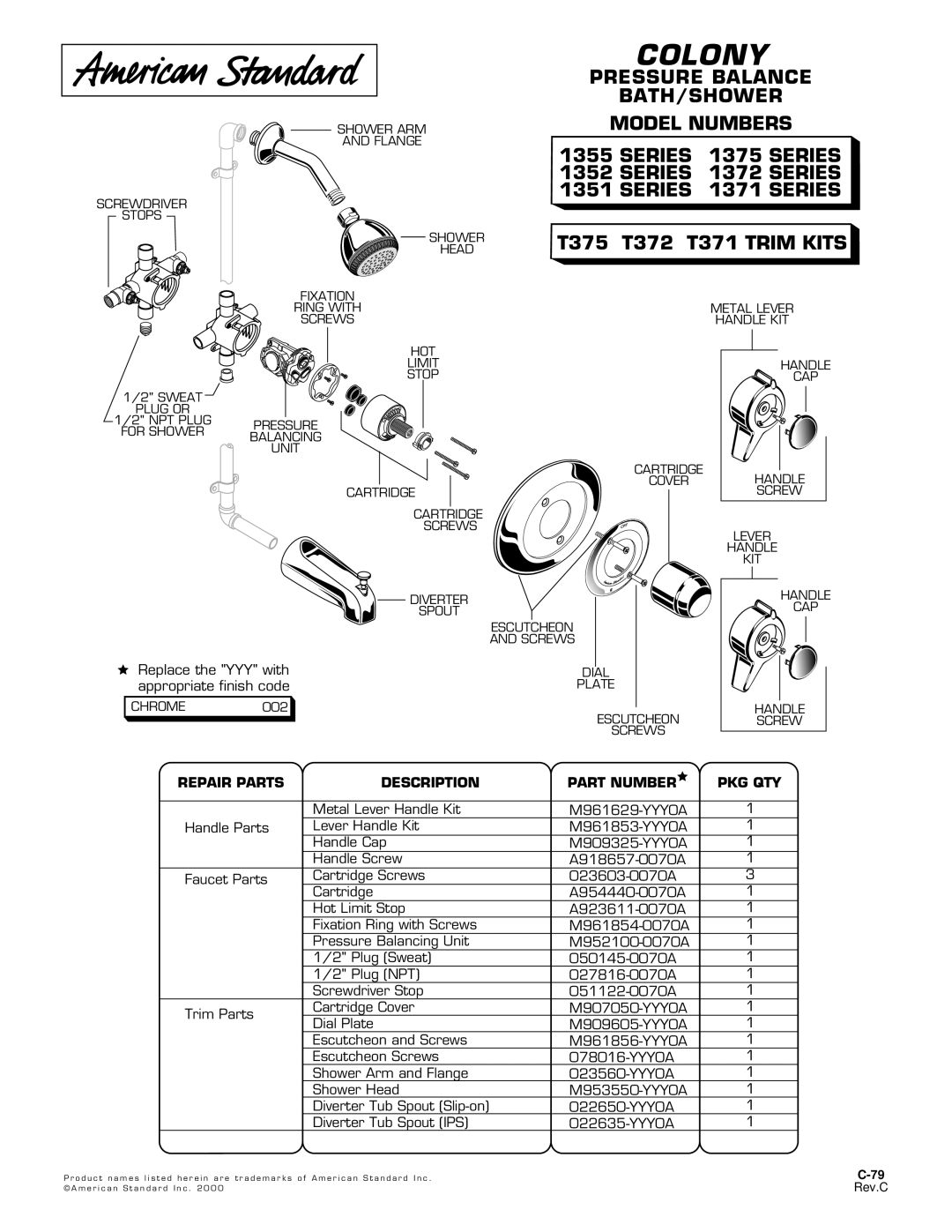 American Standard 1351 SERIES manual Colony, T375 T372 T371 Trim Kits, Repair Parts Description Part Number PKG QTY 