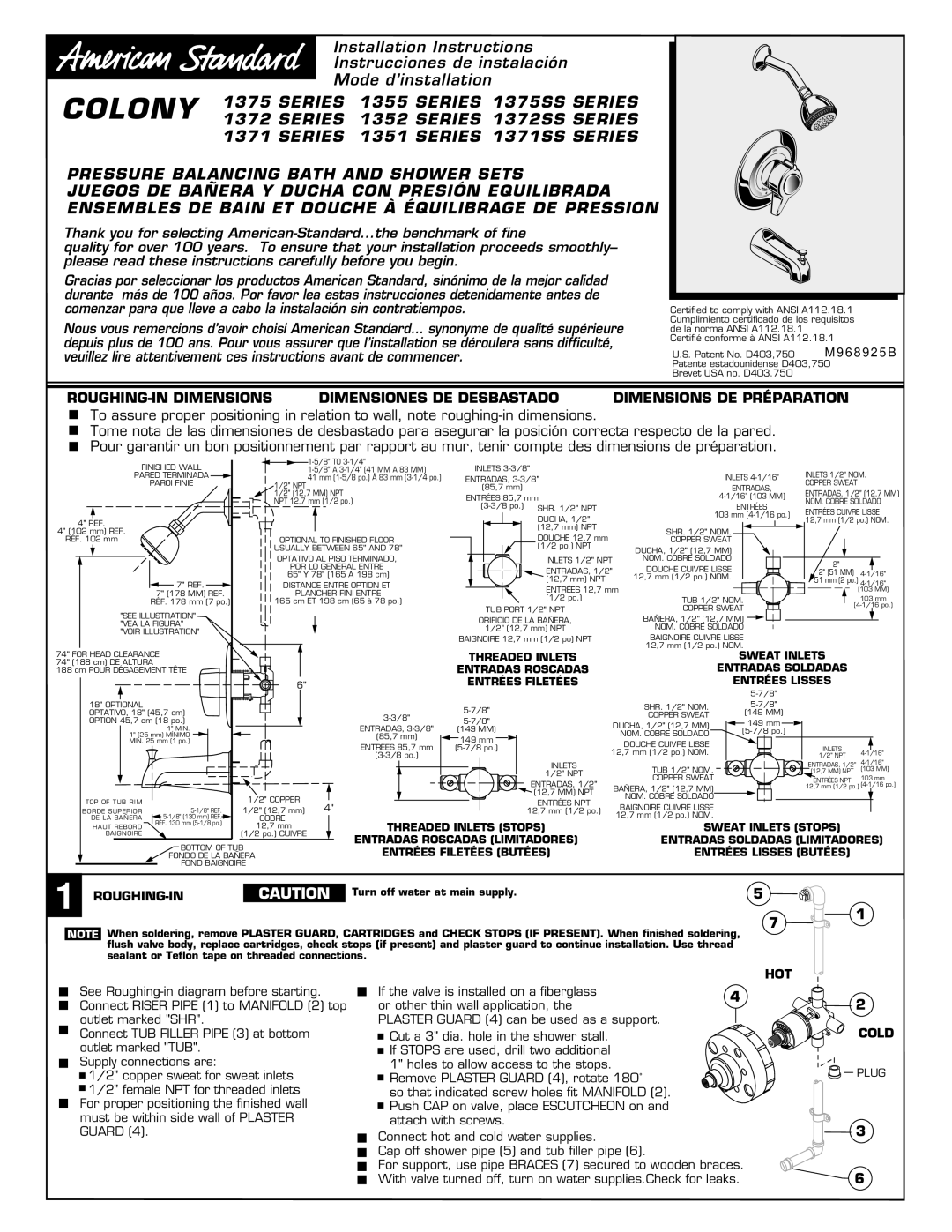 American Standard 1371SS SERIES, 1375SS SERIES, 1371 SERIES installation instructions Roughing-In, HOT Cold, Plug 