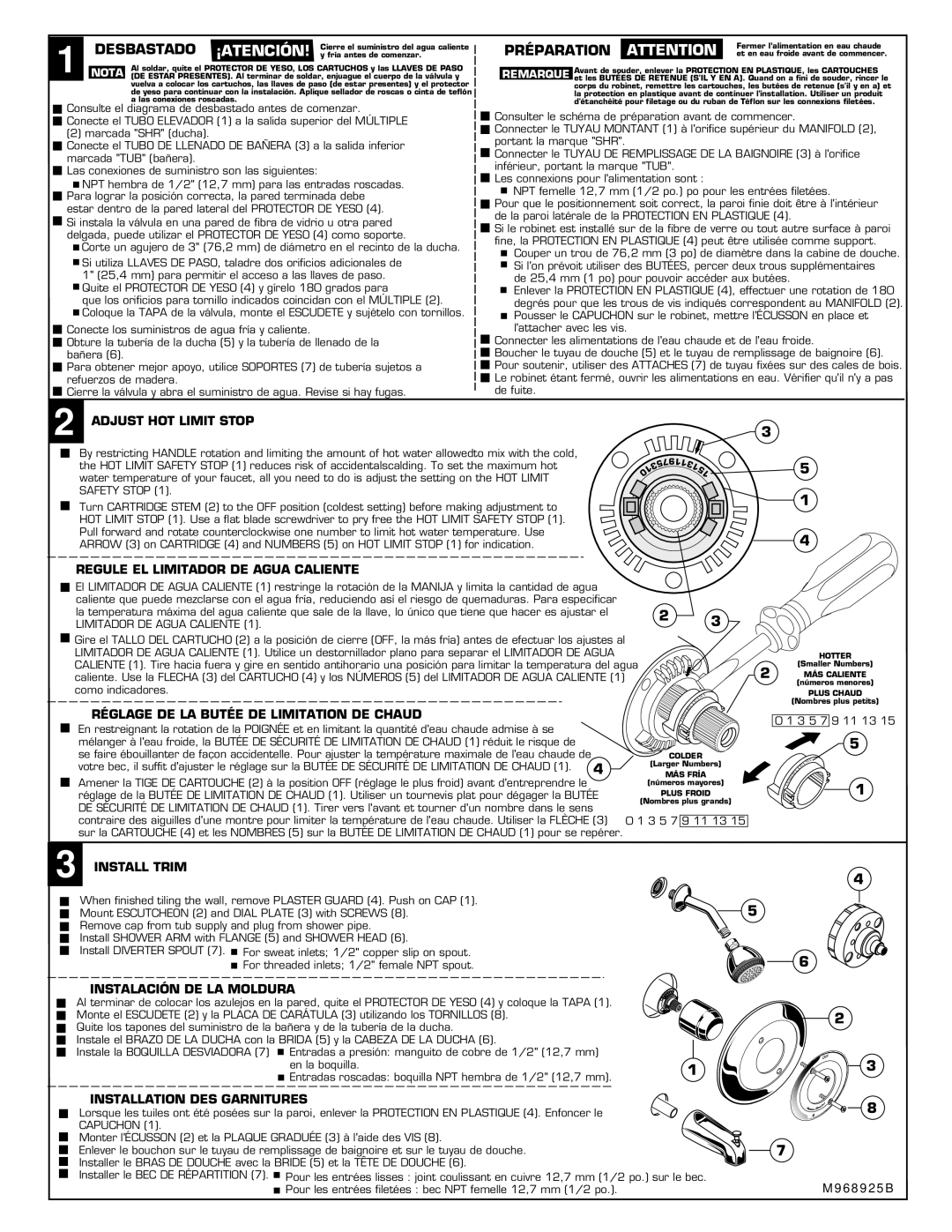 American Standard 1371 SERIES, 1375SS SERIES Adjust HOT Limit Stop, Regule EL Limitador DE Agua Caliente, Install Trim 