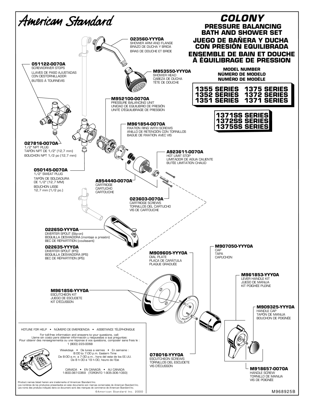 American Standard 1372SS SERIES, 1375SS SERIES Équilibrage DE Pression, Model Number Número DE Modelo Numéro DE Modèle 