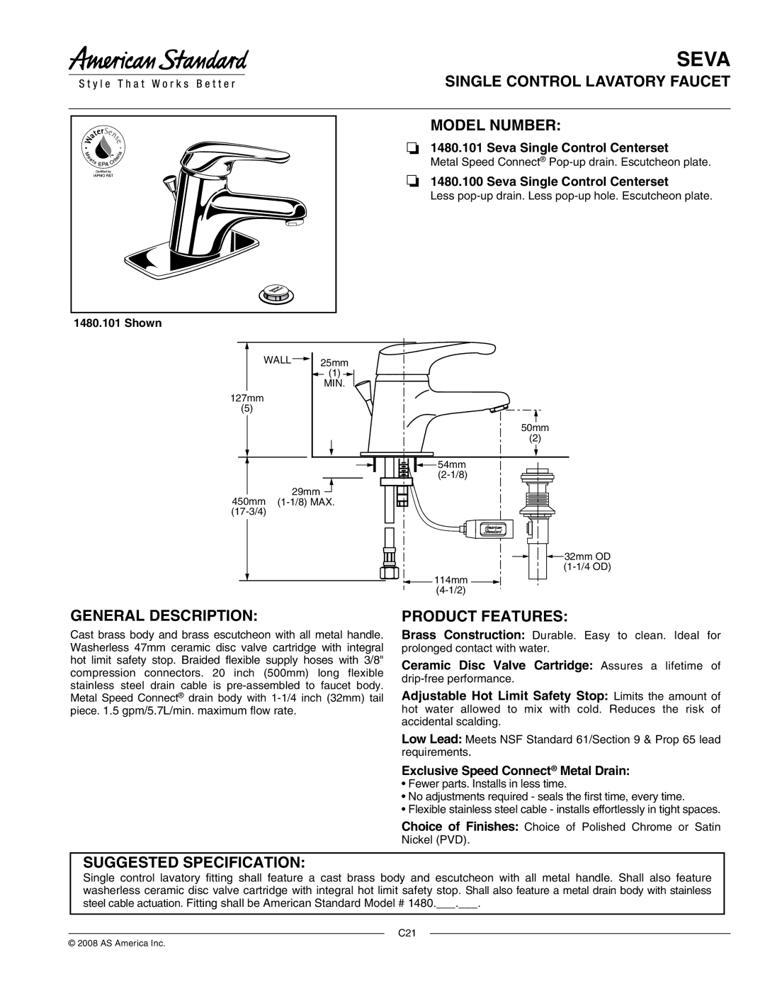 American Standard 1480.100, 1480.101 specifications Single Control Lavatory Faucet Model Number, General Description 