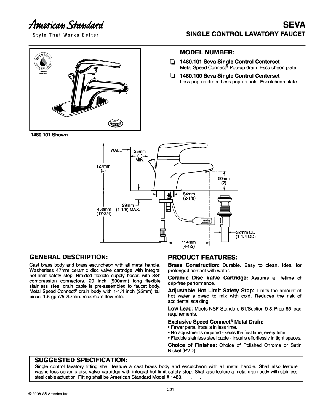 American Standard 1480.100 specifications Seva, Single Control Lavatory Faucet Model Number, General Description, Shown 