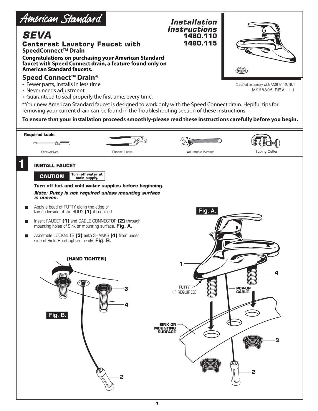 American Standard 1480.110, 1480.115 installation instructions Seva, Install Faucet 