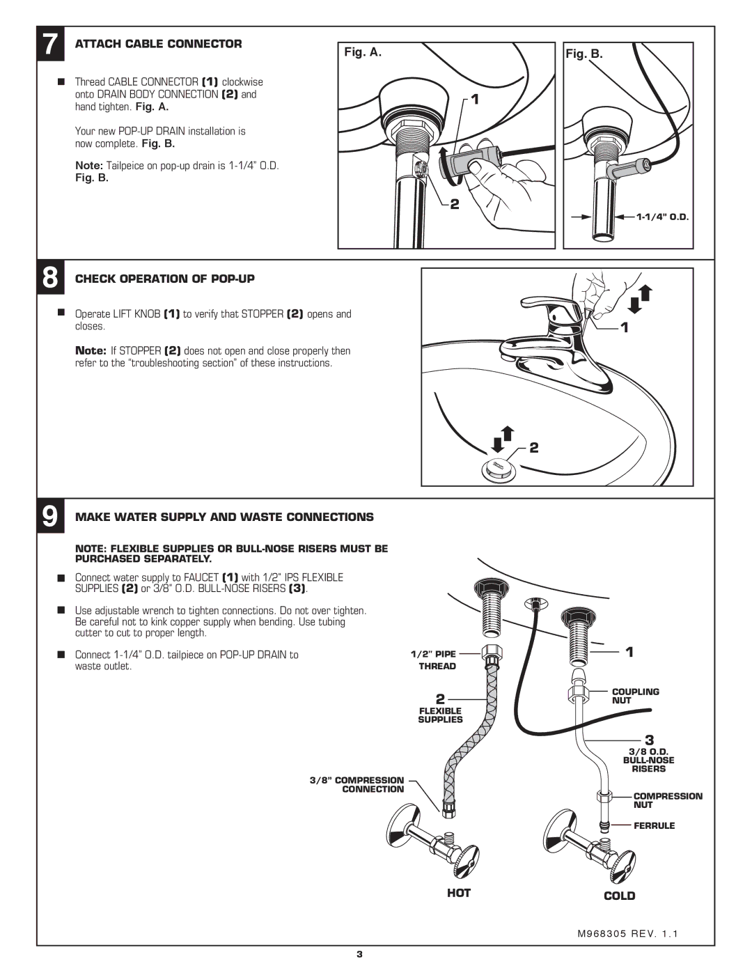 American Standard 1480.110 Attach Cable Connector, Check Operation of POP-UP, Make Water Supply and Waste Connections 