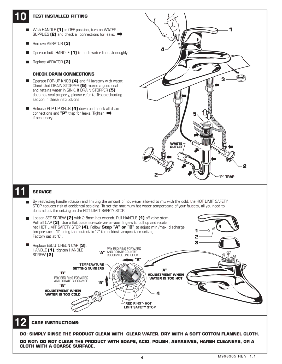 American Standard 1480.115, 1480.110 installation instructions Test Installed Fitting, Check Drain Connections, Service 