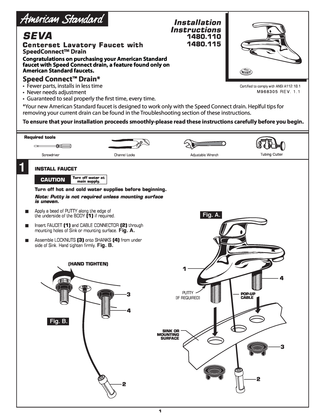 American Standard 1480.110 installation instructions Install Faucet, Seva, Installation, Instructions, Speed Connect Drain 