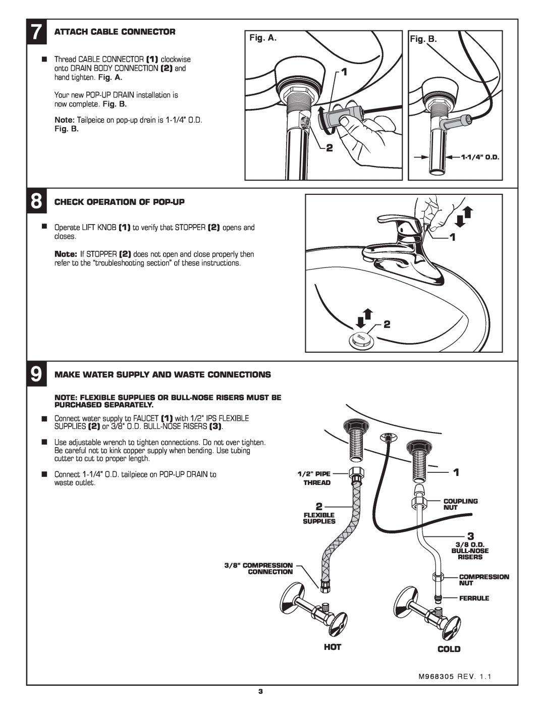 American Standard 1480.110 Attach Cable Connector, Check Operation Of Pop-Up, Make Water Supply And Waste Connections 