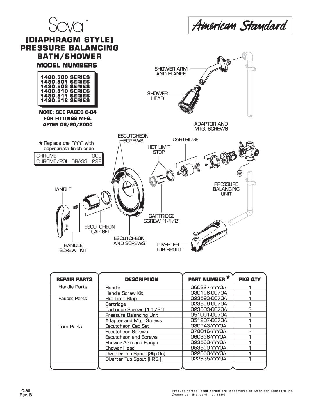 American Standard 1480.510 SERIES, 1480.512 SERIES manual Diaphragm Style Pressure Balancing Bath/Shower, Model Numbers 